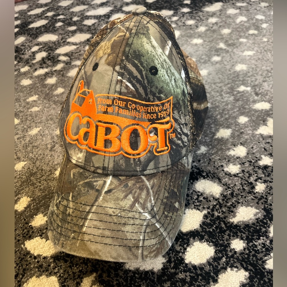 Cabot farm hunters camo neon orange logo trucker hat baseball cap unisex